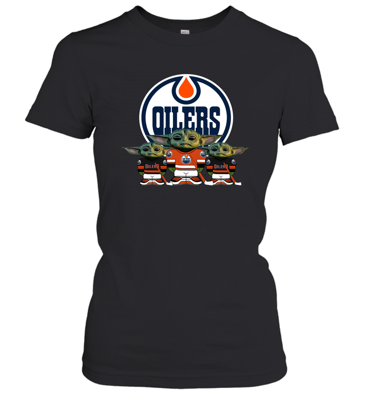 Edmonton Oilers Star Wars Logo Baby Yoda Women's T-Shirt - PrimaryTee Edmonton Oilers Star Wars Logo Baby Yoda Women's T-Shirt - PrimaryTee