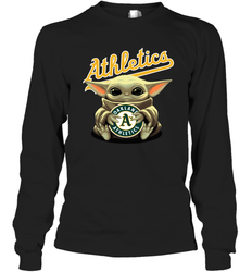 Baby Yoda Hugs The Oakland Athletics Shirts Long Sleeve T-Shirt - PrimaryTee
